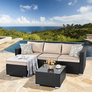 jamfly 3-piece outdoor patio furniture sofa set, all-weather black rattan furniture sets with tea table and cushions, wicker sectional couch for backyard, balcony, porch or deck khaki black