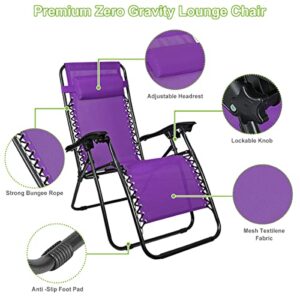 Geniqua Purple Zero Gravity Folding Recliner Yard Beach Lounger Patio Lounge Chaise 2PC Reclining Seat Outdoor Furniture