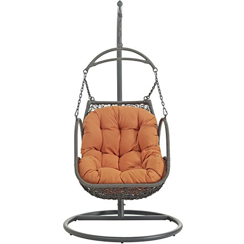 Modway Arbor Wicker Rattan Outdoor Patio Porch Lounge Hanging Swing Chair Set with Stand in Orange