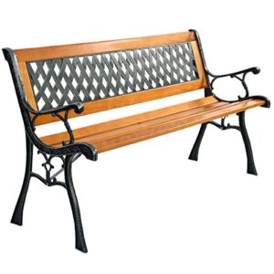 50” patio park garden bench, weather proof porch path chair, 470 lbs bearing capacity outdoor furniture with wood frame, rugged durable cast iron structure