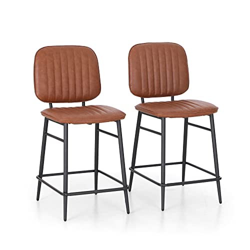 Sophia & William Bar Stools Set of 2 Counter Height Bar Stools with Back, Modern PU Leather Upholstered Indoor Outdoor Metal Bar Chairs for Kitchen Dining,300lbs,Brown
