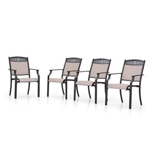 phi villa outdoor cast aluminum patio dining chairs set of 4, stackable patio teslin sling chairs with armrest for deck, garden, terrace, yard