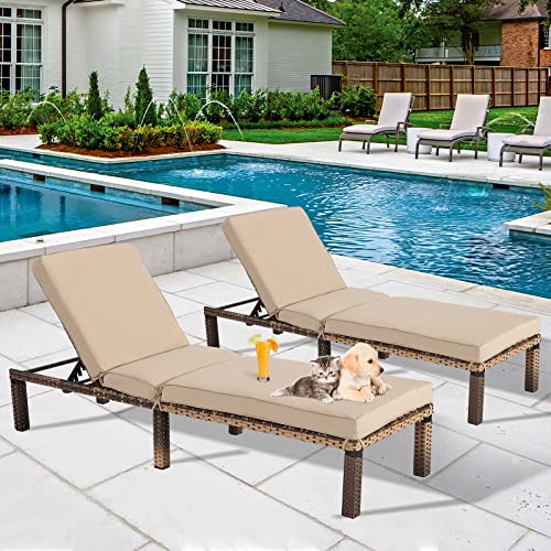 LEISU Outdoor Chaise Lounge Chair, Reclining Adjustable Pool Chairs with Cushion, PE Wicker, Chaise Lounge Chairs for Outside Set of 2, for Deck, Poolside, Backyard (2 pcs)