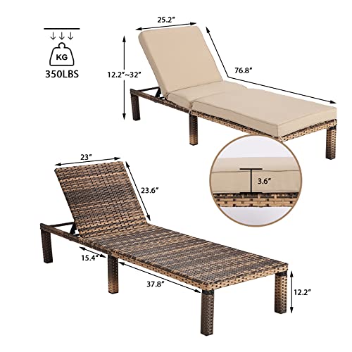 LEISU Outdoor Chaise Lounge Chair, Reclining Adjustable Pool Chairs with Cushion, PE Wicker, Chaise Lounge Chairs for Outside Set of 2, for Deck, Poolside, Backyard (2 pcs)