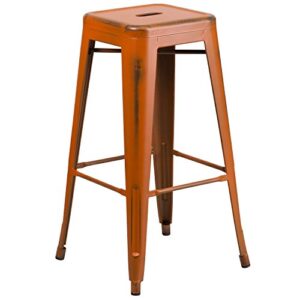 emma + oliver commercial grade 30″ h backless distressed orange metal indoor-outdoor barstool