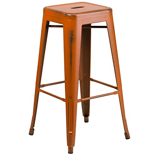 EMMA + OLIVER Commercial Grade 30" H Backless Distressed Orange Metal Indoor-Outdoor Barstool