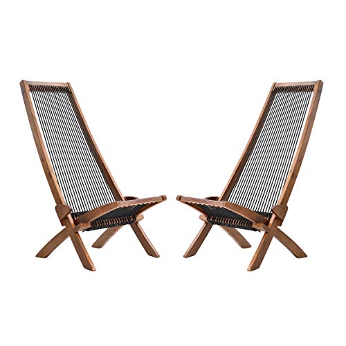 Folding Wooden Outdoor Lounge Chair Low Profile Acacia Wood Lounge Chair for The Patio Porch Deck Balcony Lawn Garden Wood Accent Furniture for Home (Set of 2)