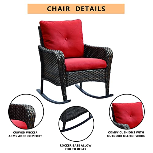 Outdoor Wicker Rocking Chair, PE Rattan Patio Rocker Chairs with Padded Cushions,Porch Chairs Wicker Patio Furniture for Garden, Patio, and Backyard,Red