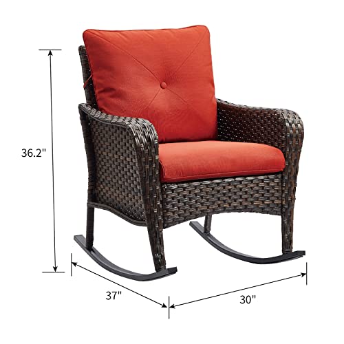 Outdoor Wicker Rocking Chair, PE Rattan Patio Rocker Chairs with Padded Cushions,Porch Chairs Wicker Patio Furniture for Garden, Patio, and Backyard,Red