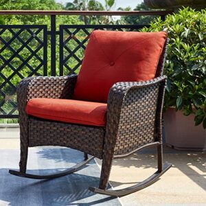 Outdoor Wicker Rocking Chair, PE Rattan Patio Rocker Chairs with Padded Cushions,Porch Chairs Wicker Patio Furniture for Garden, Patio, and Backyard,Red