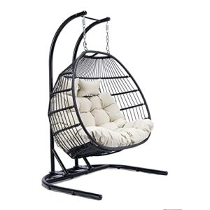 leisuremod wicker 2 person double folding hanging egg swing chair (beige)