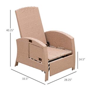 Outsunny Patio Recliner, Outdoor Reclining Chair with Flip-Up Side Table, All-Weather Wicker Metal Frame Chaise with Footrest, Cushions, Beige