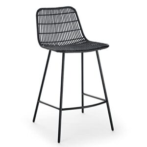 HABITRIO Counter Height Bar Stools Set of 2, Rattan Bar Chairs Bistro Stools with Steel Legs and Footrest, Black, Seat Height 25"