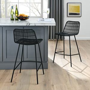 habitrio counter height bar stools set of 2, rattan bar chairs bistro stools with steel legs and footrest, black, seat height 25″