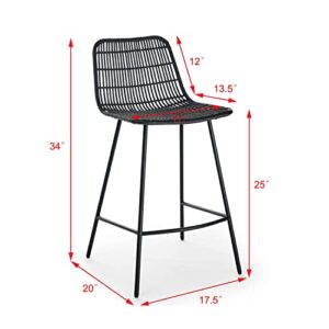 HABITRIO Counter Height Bar Stools Set of 2, Rattan Bar Chairs Bistro Stools with Steel Legs and Footrest, Black, Seat Height 25"