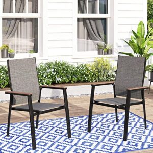mfstudio 2 pcs aluminium patio dining chairs set,textilene outdoor stackable chairs with wooden armest for garden, poolside, backyard,grey