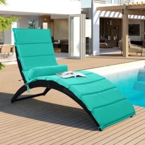 fuzofuiz patio wicker sun lounger, pe rattan foldable chaise lounger with removable cushion and bolster pillow, black wicker and turquoise cushion (blue)