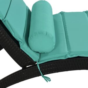 FUZOFUIZ Patio Wicker Sun Lounger, PE Rattan Foldable Chaise Lounger with Removable Cushion and Bolster Pillow, Black Wicker and Turquoise Cushion (Blue)