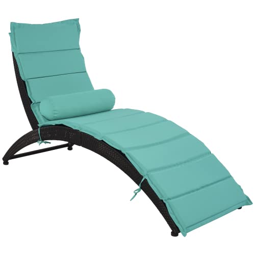 FUZOFUIZ Patio Wicker Sun Lounger, PE Rattan Foldable Chaise Lounger with Removable Cushion and Bolster Pillow, Black Wicker and Turquoise Cushion (Blue)