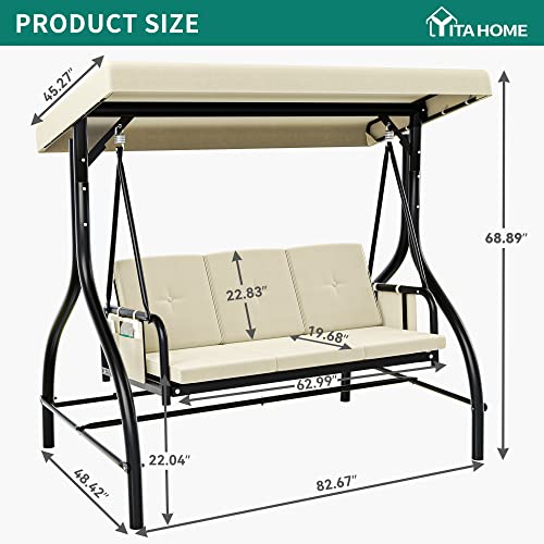 YITAHOME Porch Swing Bed 3-Seats Outdoor Patio Swing Heavy Duty Swing Chair with Adjustable Canopy Removable Cushion, Suitable for Adult in Garden, Poolside, Balcony, Beige