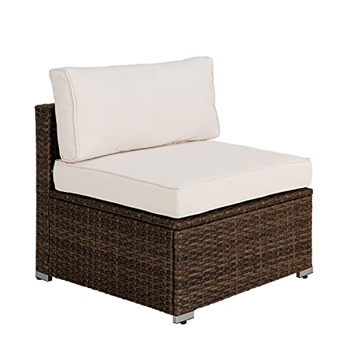 COSIEST Outdoor Furniture Add-on Armless Chair for Expanding Wicker Sectional Sofa Set w Off White Thick Cushions for Garden, Pool, Backyard