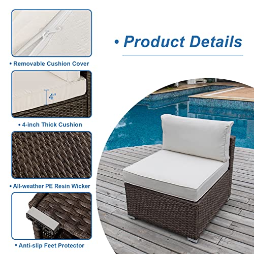 COSIEST Outdoor Furniture Add-on Armless Chair for Expanding Wicker Sectional Sofa Set w Off White Thick Cushions for Garden, Pool, Backyard