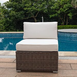 COSIEST Outdoor Furniture Add-on Armless Chair for Expanding Wicker Sectional Sofa Set w Off White Thick Cushions for Garden, Pool, Backyard