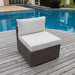 COSIEST Outdoor Furniture Add-on Armless Chair for Expanding Wicker Sectional Sofa Set w Off White Thick Cushions for Garden, Pool, Backyard