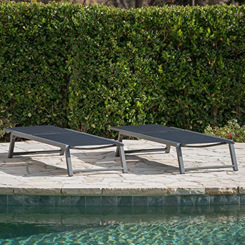 Christopher Knight Home Myers Outdoor Mesh Chaise Lounges with Aluminum Frame, 2-Pcs Set, Black Mesh / Grey