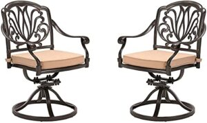 grepatio 2 piece outdoor patio swivel dining chairs with cushions, high back cast aluminum frame, weather resistant metal furniture for lawn garden backyard (swivel rocker chairs with khaki cushions)