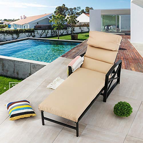 LOKATSE HOME Patio Chaise Lounge Chair Outdoor Furniture Reclining Adjustable with Cushion and Soft Pillow for Pool, Deck, Yard, Khaki