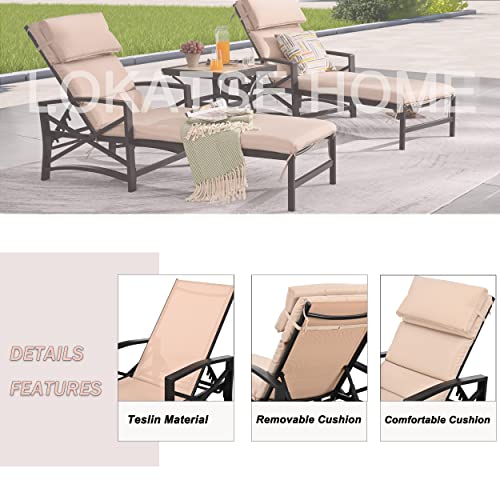 LOKATSE HOME Patio Chaise Lounge Chair Outdoor Furniture Reclining Adjustable with Cushion and Soft Pillow for Pool, Deck, Yard, Khaki