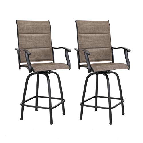 PHI VILLA Outdoor Swivel Bar Stool Set of 2 Patio Bar Chair Padded Textilene for Bistro Lawn All Weather Furniture Set, Brown