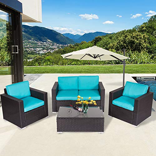 Peach Tree 4 PCs Outdoor Wicker Rattan Sofa Set Armrest Sofa with Coffee Table Patio Furniture Sectional Set with Washable Removable Cushions Backyard Pool