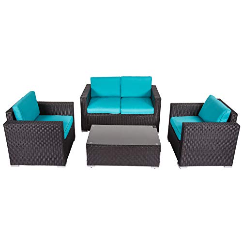 Peach Tree 4 PCs Outdoor Wicker Rattan Sofa Set Armrest Sofa with Coffee Table Patio Furniture Sectional Set with Washable Removable Cushions Backyard Pool