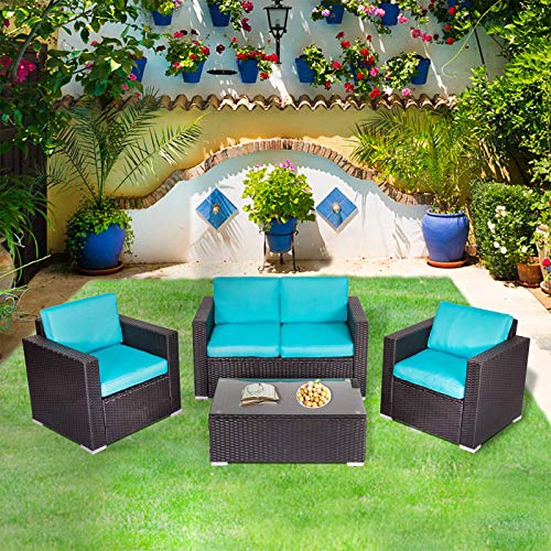 Peach Tree 4 PCs Outdoor Wicker Rattan Sofa Set Armrest Sofa with Coffee Table Patio Furniture Sectional Set with Washable Removable Cushions Backyard Pool