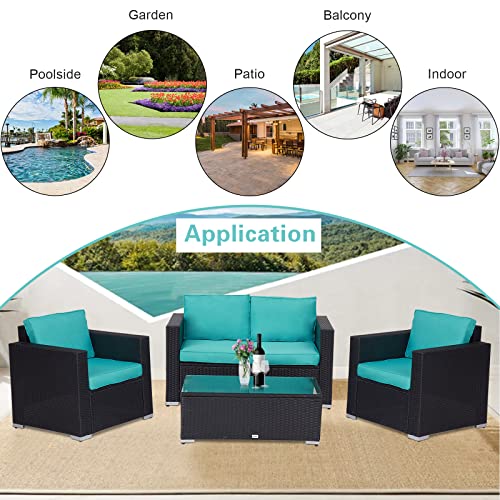 Peach Tree 4 PCs Outdoor Wicker Rattan Sofa Set Armrest Sofa with Coffee Table Patio Furniture Sectional Set with Washable Removable Cushions Backyard Pool