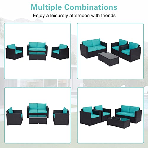 Peach Tree 4 PCs Outdoor Wicker Rattan Sofa Set Armrest Sofa with Coffee Table Patio Furniture Sectional Set with Washable Removable Cushions Backyard Pool