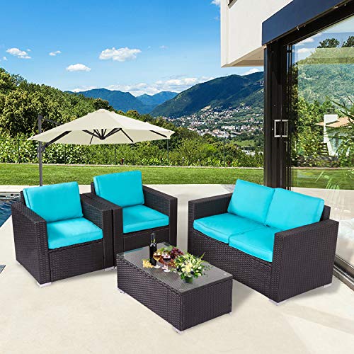 Peach Tree 4 PCs Outdoor Wicker Rattan Sofa Set Armrest Sofa with Coffee Table Patio Furniture Sectional Set with Washable Removable Cushions Backyard Pool