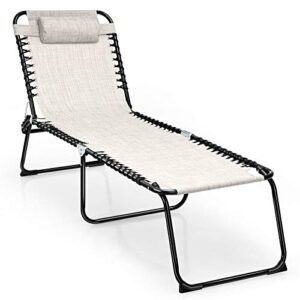 giantex patio chaise lounge chair foldable w/ 4 adjustable positions and detachable pillow outdoor beach chair for yard,pool sunbathing seat recliner(1, grey)