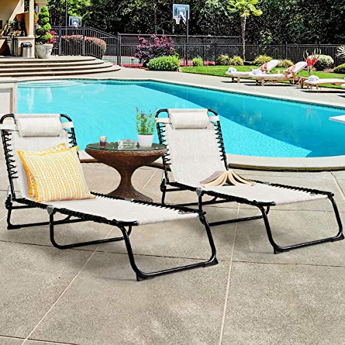 Giantex Patio Chaise Lounge Chair Foldable W/ 4 Adjustable Positions and Detachable Pillow Outdoor Beach Chair for Yard,Pool Sunbathing Seat Recliner(1, Grey)