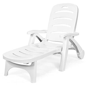 tangkula outdoor chaise lounge chair, adjustable 5-posistion recliner chair with built-in wheels, weather-resistance folding lounge for patio, backyard, poolside and beach (1, white)
