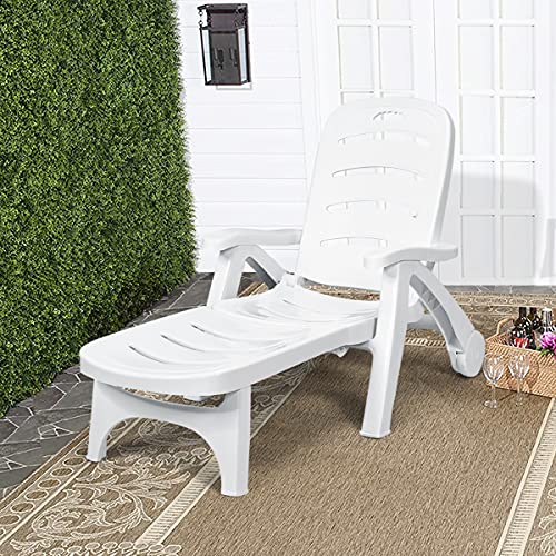 Tangkula Outdoor Chaise Lounge Chair, Adjustable 5-Posistion Recliner Chair with Built-in Wheels, Weather-Resistance Folding Lounge for Patio, Backyard, Poolside and Beach (1, White)