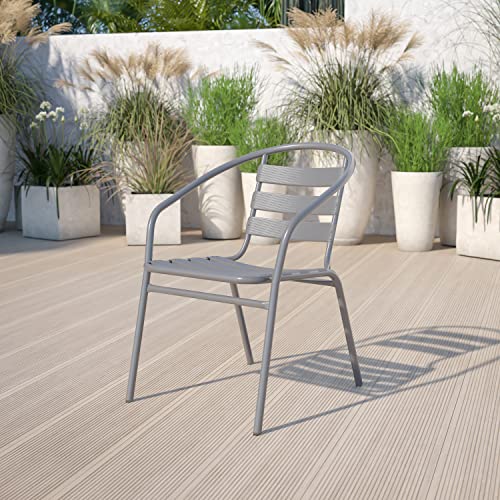 EMMA + OLIVER Silver Metal Stack Chair with Aluminum Slats