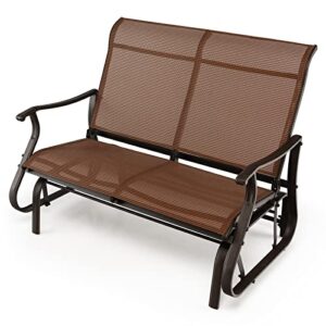 tangkula patio glider bench, 2-person outdoor rocking bench with high back & curved armrests, swing glider loveseat with spacious seat for backyard, balcony, poolside, porch (brown)