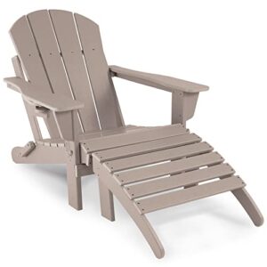 abcpatio folding adirondack chair with detachable ottoman outdoor weather resistant patio lawn chair with cup holder, seat width 20″, light brown
