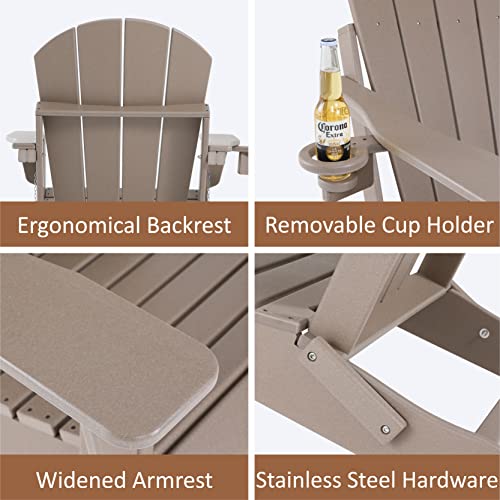 ABCPATIO Folding Adirondack Chair with Detachable Ottoman Outdoor Weather Resistant Patio Lawn Chair with Cup Holder, Seat Width 20", Light Brown