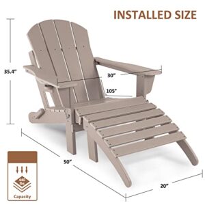 ABCPATIO Folding Adirondack Chair with Detachable Ottoman Outdoor Weather Resistant Patio Lawn Chair with Cup Holder, Seat Width 20", Light Brown