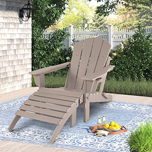 ABCPATIO Folding Adirondack Chair with Detachable Ottoman Outdoor Weather Resistant Patio Lawn Chair with Cup Holder, Seat Width 20", Light Brown