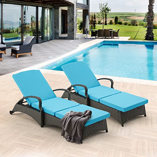 RYNSTO Patio Chaise Lounge 2 Sets with 5 Backrest Angles, Single Adjustable Patio Wicker Lounge Chair with Water Repellent Cushion and Wheels for Poolside Backyard Deck Porch Garden, Blue